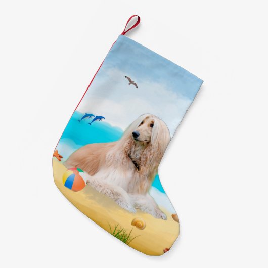 Afghaanse hond op strand kleine kerstsok (Voorkant (Hangend))