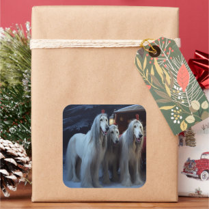 Afghaanse Hond Sneeuw Slede Rit Kerst Decoratie Vierkante Sticker