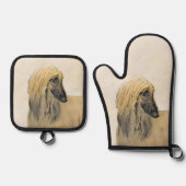 Afghaanse hond zwart gemaskerd rood schilderij Pet Ovenwant & Pannenlap Set (Voorkant)