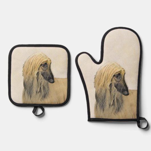 Afghaanse hond zwart gemaskerd rood schilderij Pet Ovenwant & Pannenlap Set (Voorkant)