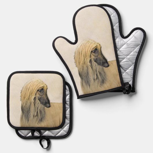 Afghaanse hond zwart gemaskerd rood schilderij Pet Ovenwant & Pannenlap Set (Voorkant / Achterkant)