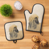 Afghaanse hond zwart gemaskerd rood schilderij Pet Ovenwant & Pannenlap Set (Top down)