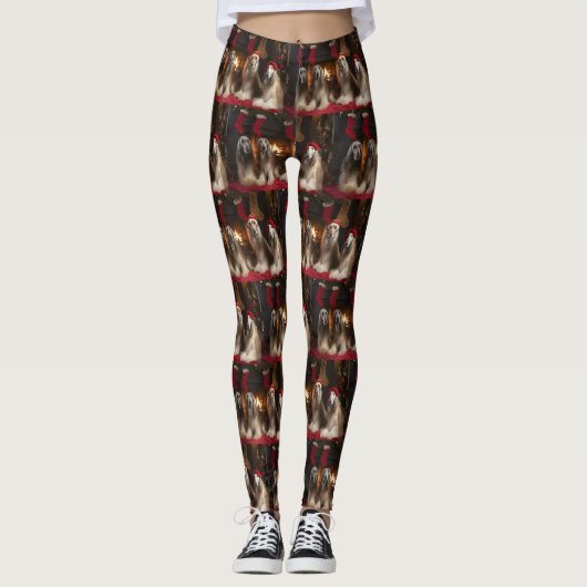 Afghaanse windhond bij de open haard Kerstmis Leggings (Voorkant)