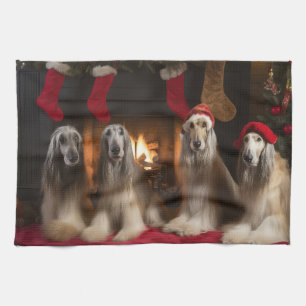 Afghaanse windhond bij de open haard Kerstmis Theedoek