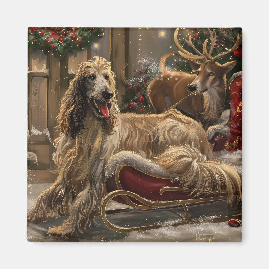 Afghaanse Windhond Kerst Feestelijk Magneet (Voorkant)