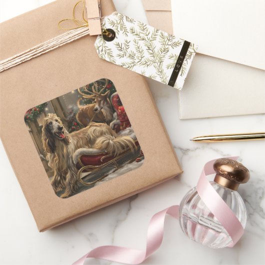 Afghaanse Windhond Kerst Feestelijk Vierkante Sticker (Geschenken)