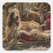 Afghaanse Windhond Kerst Feestelijk Vierkante Sticker (Voorkant)