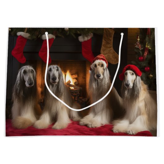 Afghan Hound bij de open haard Kerstmis Groot Cadeauzakje (Voorkant)