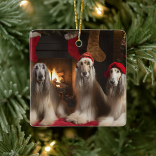Afghan Hound bij de open haard Kerstmis Keramisch Ornament