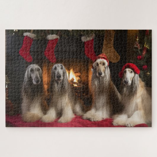 Afghan Hound bij de open haard Kerstmis Legpuzzel (Horizontaal)