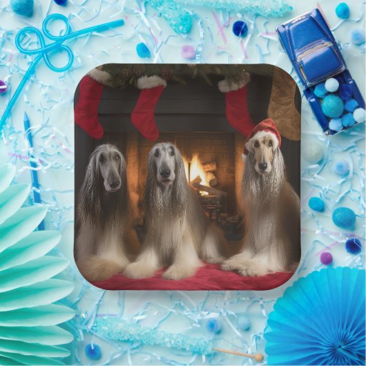 Afghan Hound bij de open haard Kerstmis Papieren Bordje (Feest)