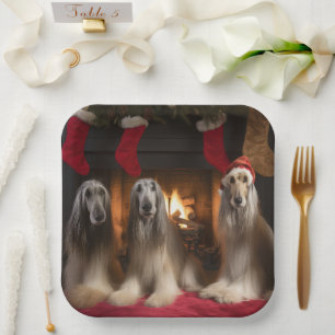 Afghan Hound bij de open haard Kerstmis Papieren Bordje
