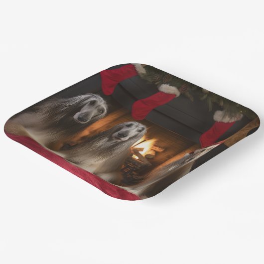 Afghan Hound bij de open haard Kerstmis Papieren Bordje (Gebogen)