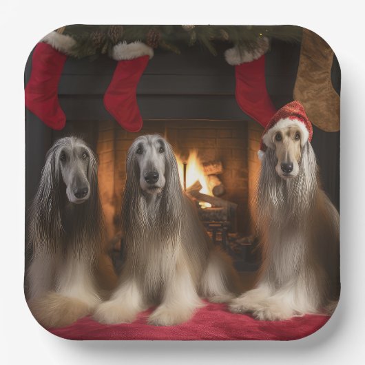 Afghan Hound bij de open haard Kerstmis Papieren Bordje (Voorkant)