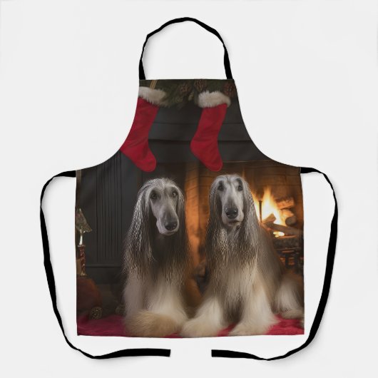 Afghan Hound bij de open haard Kerstmis Schort (Voorkant)