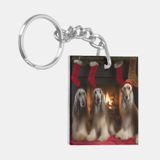 Afghan Hound bij de open haard Kerstmis Sleutelhanger (Voorkant Links)