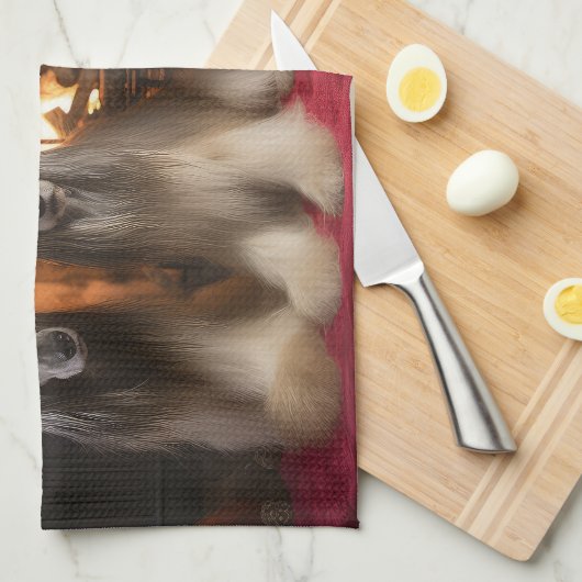 Afghan Hound bij de open haard Kerstmis Theedoek (Quarter Fold)