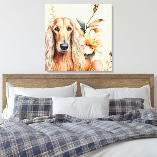 Afghan Hound Dog and Peach Lilies Canvas Afdruk (Insitu (Slaapkamer))