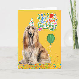 Afghan Hound Dog in a Party Hat on Yellow Birthday Kaart