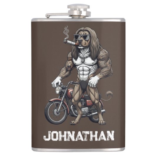 Afghan Hound Dog, muscular, tattooed, bodybuilder  Heupfles (Voorkant)