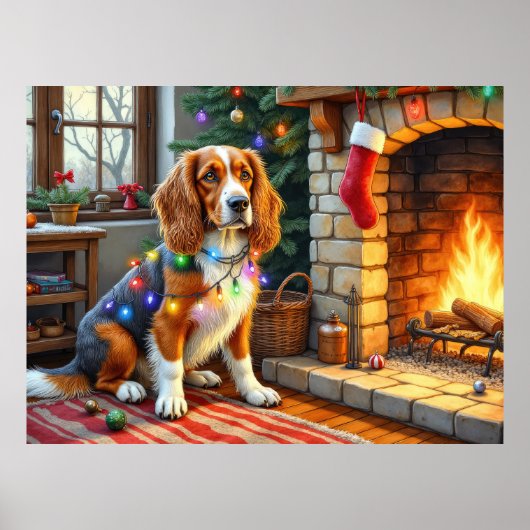 Afghan Hound Fireplace with Christmas Lights Poster (Voorkant)