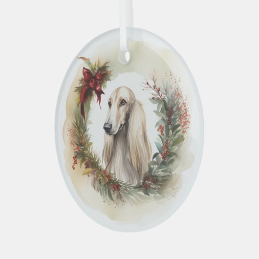 Afghan Hound Kerstkrans Feestelijke Pup Glas Ornament (Voorkant links)