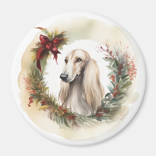 Afghan Hound Kerstkrans Feestelijke Pup Magneet (Voorkant)