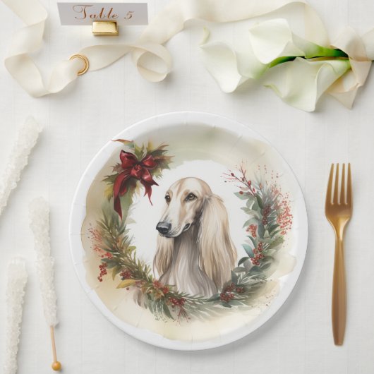 Afghan Hound Kerstkrans Feestelijke Pup Papieren Bordje (Huwelijk)