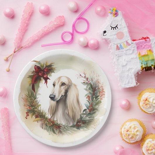 Afghan Hound Kerstkrans Feestelijke Pup Papieren Bordje (Feest)