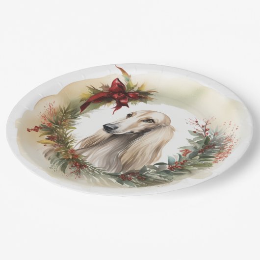 Afghan Hound Kerstkrans Feestelijke Pup Papieren Bordje (Gekanteld)