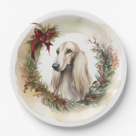 Afghan Hound Kerstkrans Feestelijke Pup Papieren Bordje (Voorkant)