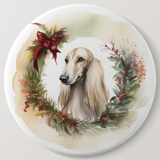 Afghan Hound Kerstkrans Feestelijke Pup Ronde Button 6,0 Cm (Voorkant)