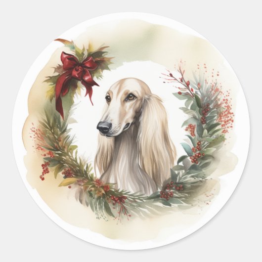 Afghan Hound Kerstkrans Feestelijke Pup Ronde Sticker (Voorkant)