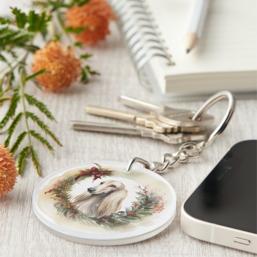 Afghan Hound Kerstkrans Feestelijke Pup Sleutelhanger (Voorkant Rechts)