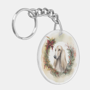 Afghan Hound Kerstkrans Feestelijke Pup Sleutelhanger