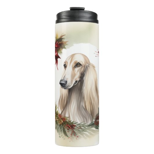 Afghan Hound Kerstkrans Feestelijke Pup Thermosbeker (Voorkant)