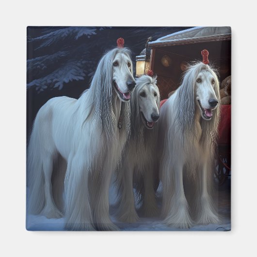 Afghan Hound Snowy Sleigh Ride Kerstmisdecor Magneet (Voorkant)