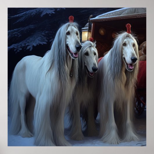 Afghan Hound Snowy Sleigh Ride Kerstmisdecor Poster (Voorkant)