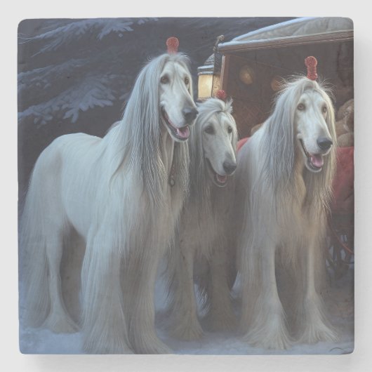 Afghan Hound Snowy Sleigh Ride Kerstmisdecor Stenen Onderzetter (Voorkant)