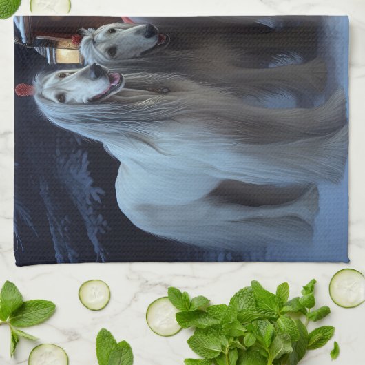 Afghan Hound Snowy Sleigh Ride Kerstmisdecor Theedoek (Gevouwen)