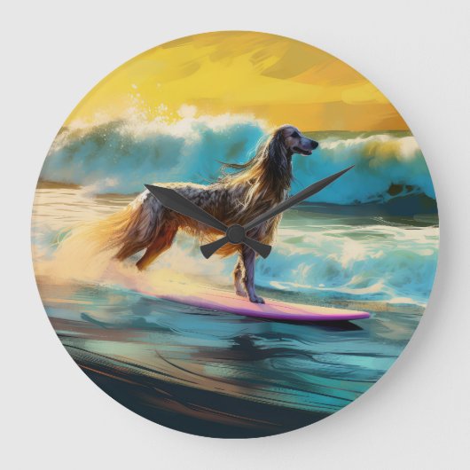 Afghan Hound Strand Surfen Schilderij Grote Klok (Voorkant)