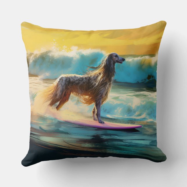 Afghan Hound Strand Surfen Schilderij Kussen (Achterkant)