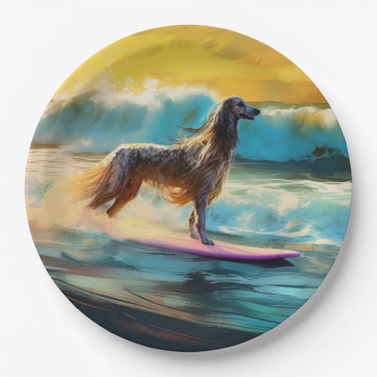 Afghan Hound Strand Surfen Schilderij Papieren Bordje (Voorkant)