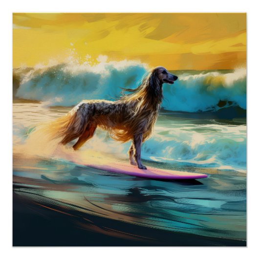 Afghan Hound Strand Surfen Schilderij Perfect Poster (Voorkant)