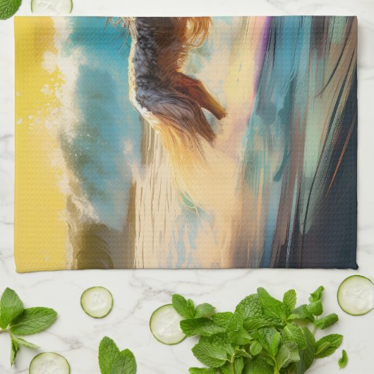 Afghan Hound Strand Surfen Schilderij Theedoek (Gevouwen)