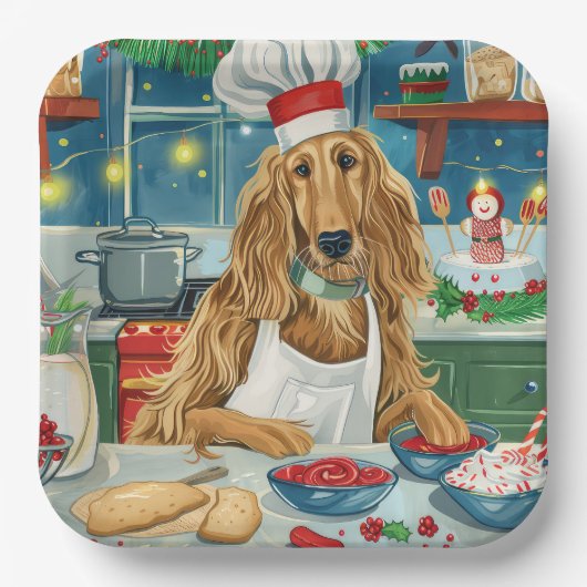 Afghan Hound Vakantie Bakken: Feestelijke Kerstmis Papieren Bordje (Voorkant)
