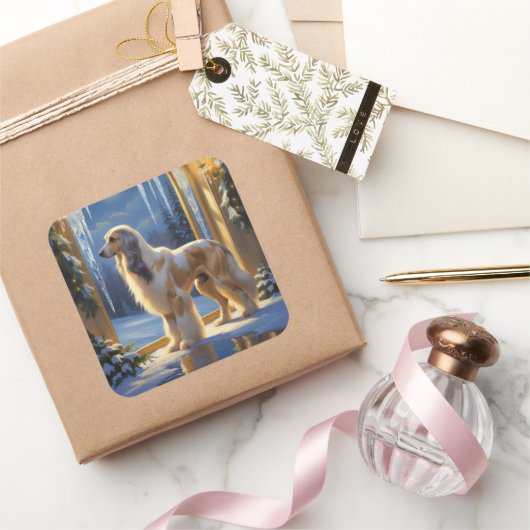 Afghan Hound With Christmas Lights Holiday Vierkante Sticker (Geschenken)