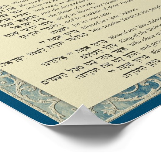 Aflessen van de Torah Hebreeuws en Engels op blauw Poster (Hoek)