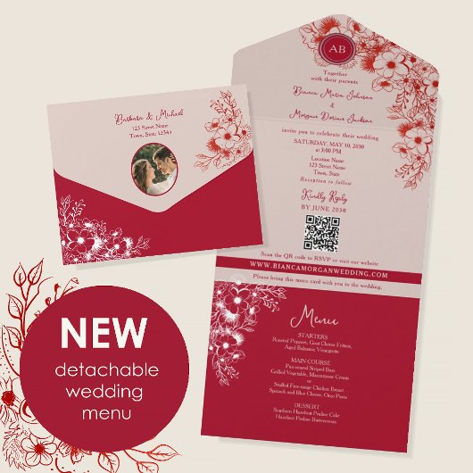 Afneembare Menu QR Bloemige Bruiloft All In One Uitnodiging