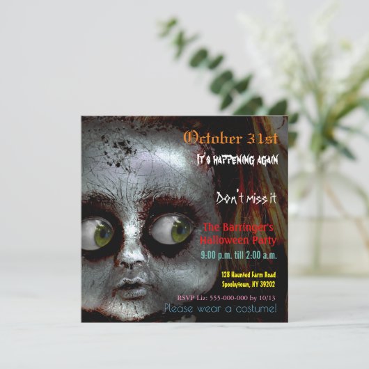 Afraid Doll Scary Halloween Semi Gloss Invitation Kaart (Staand voorkant)
